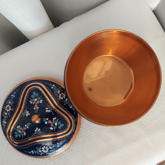 Vintage Copper Container W Lid Enamel Metal Round Floral Turkey - Picture 6 of 10